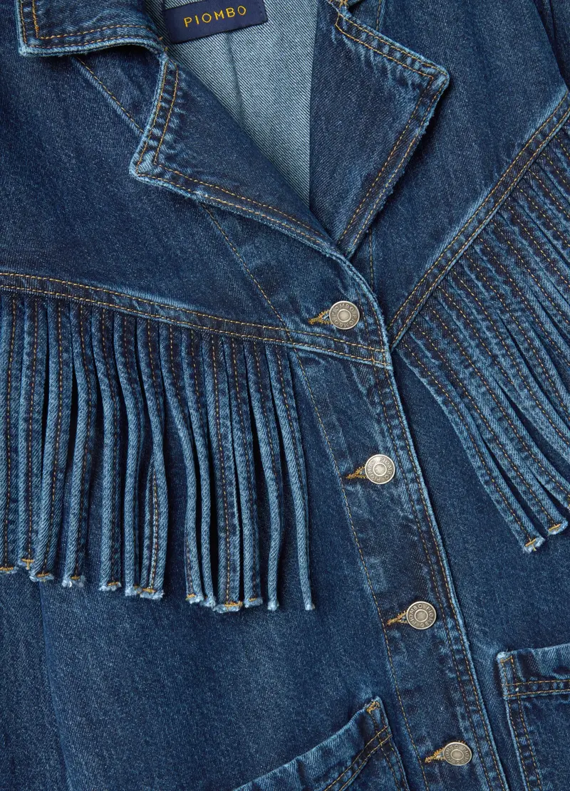 Giacca In Puro Cotone Denim Regular Fit Con Frange, Donna, Denim miniatura 2