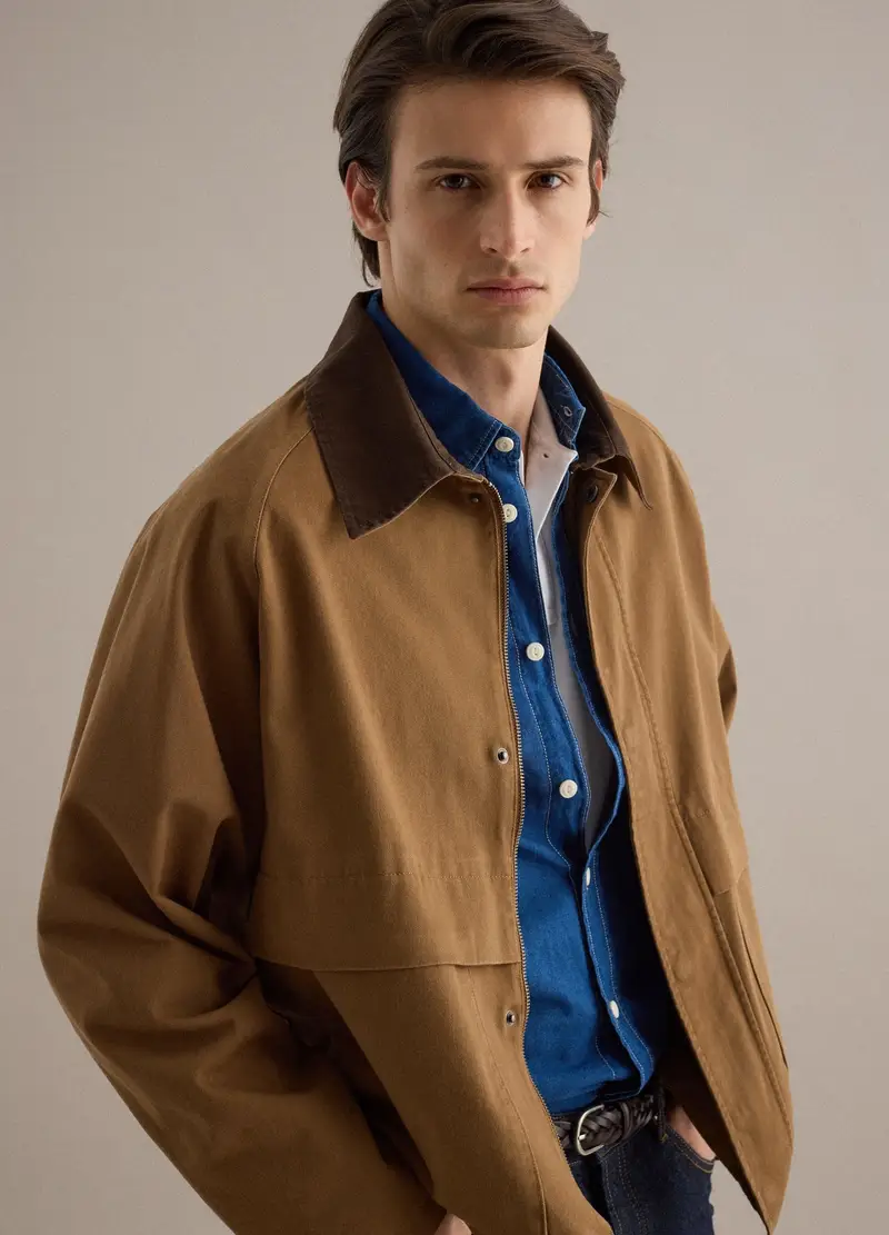 Giacca In Puro Cotone Marrone Regular Fit Con Collo A Contrasto, Uomo, Marrone