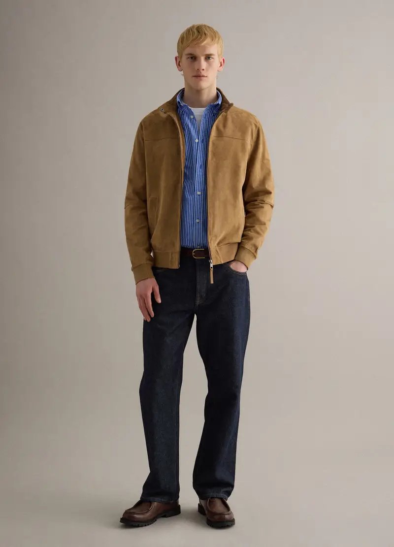 Giacca In Vera Pelle Beige Regular Fit Con Zip, Uomo, Beige miniatura 2