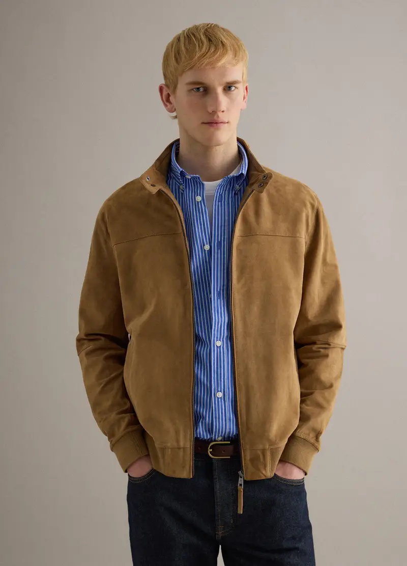 Giacca In Vera Pelle Beige Regular Fit Con Zip, Uomo, Beige miniatura 3