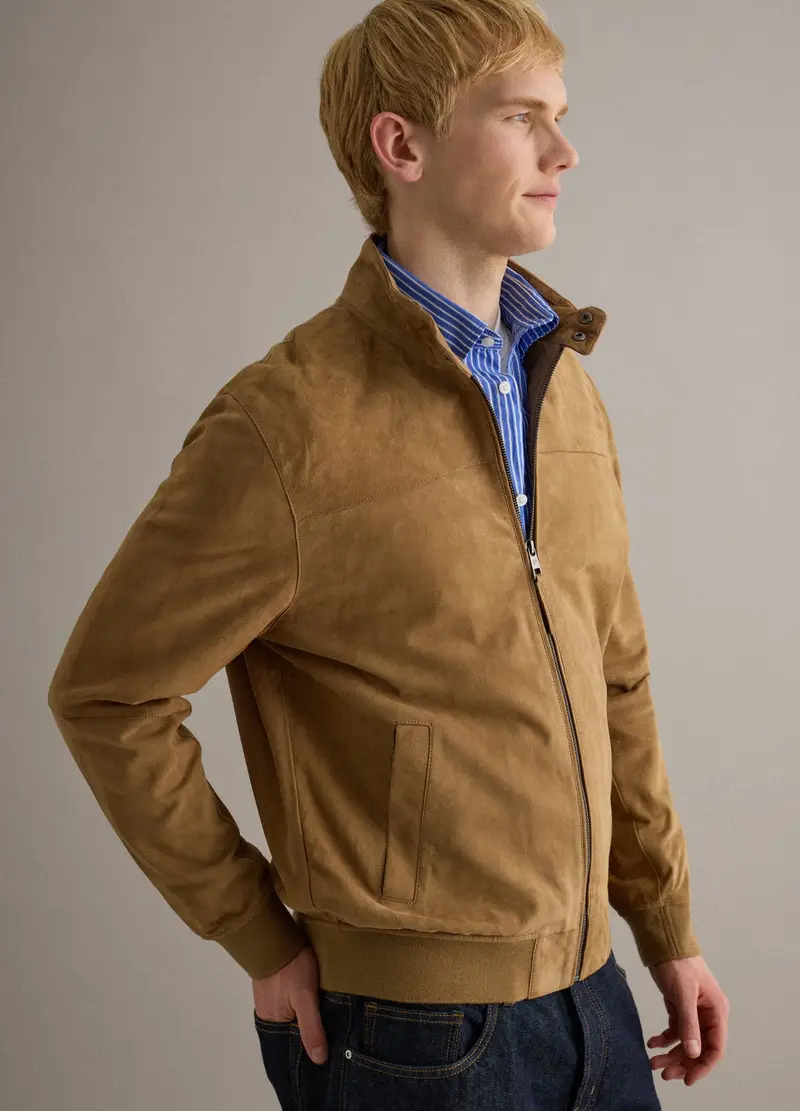 Giacca In Vera Pelle Beige Regular Fit Con Zip, Uomo, Beige