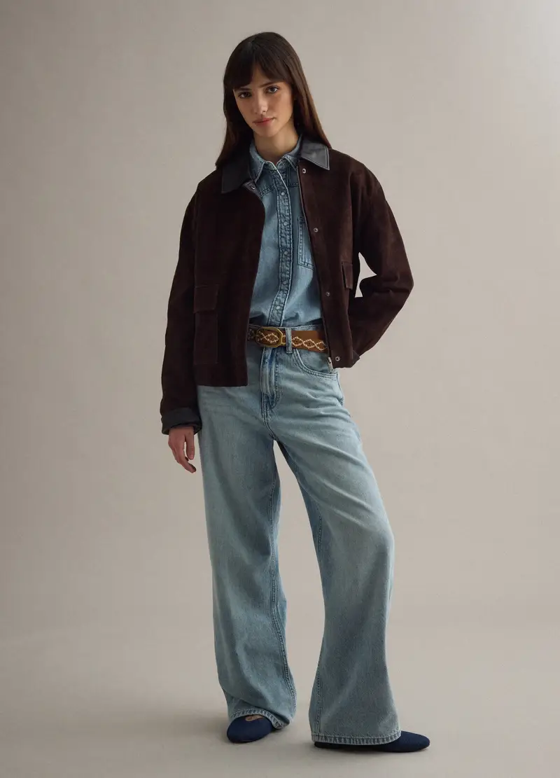 Giacca In Vera Pelle Marrone Regular Fit Con Collo A Contrasto, Donna, Marrone miniatura 2