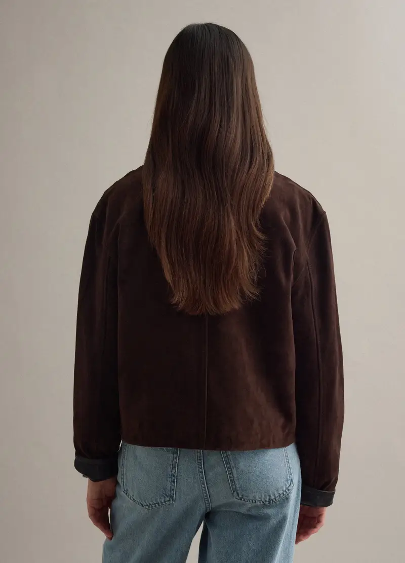 Giacca In Vera Pelle Marrone Regular Fit Con Collo A Contrasto, Donna, Marrone miniatura 3