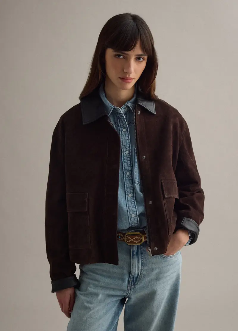 Giacca In Vera Pelle Marrone Regular Fit Con Collo A Contrasto, Donna, Marrone