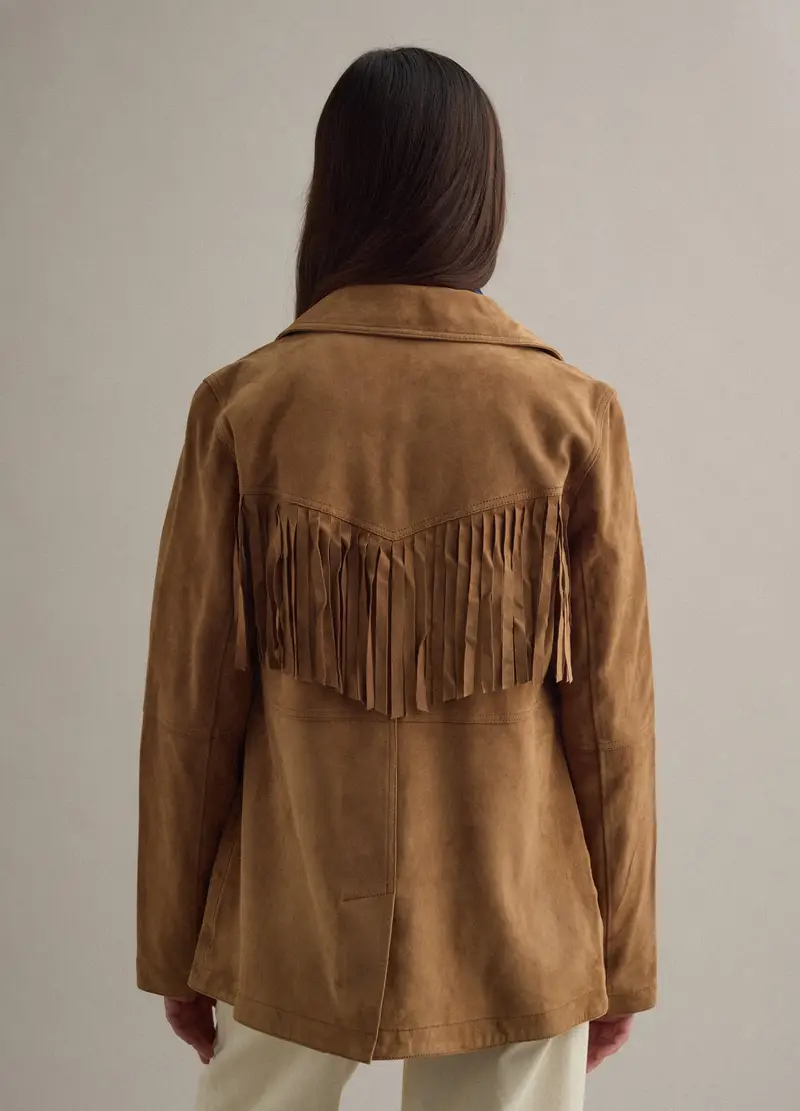 Giacca In Vera Pelle Marrone Regular Fit Con Frange, Donna, Marrone miniatura 3