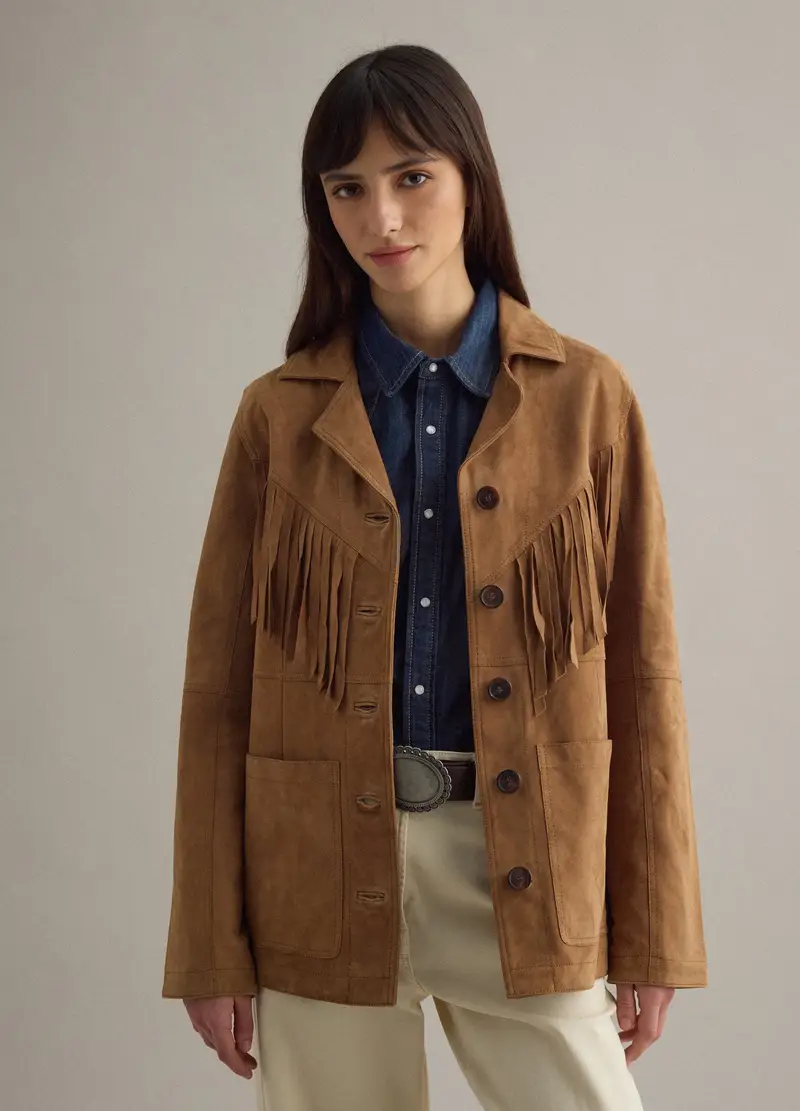 Giacca In Vera Pelle Marrone Regular Fit Con Frange, Donna, Marrone