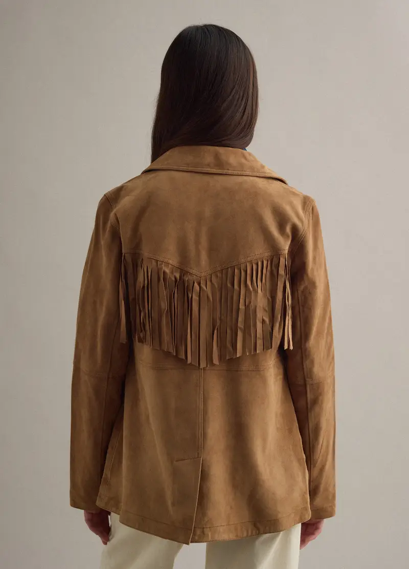 Giacca In Vera Pelle Marrone Regular Fit Con Frange, Donna, Marrone miniatura 3