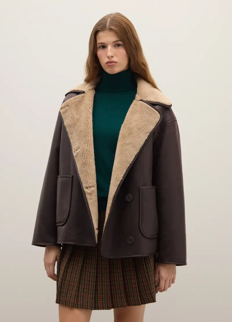 Giacca Marrone Con Colletto A Contrasto Oversize, Donna, Multicolor miniatura 2