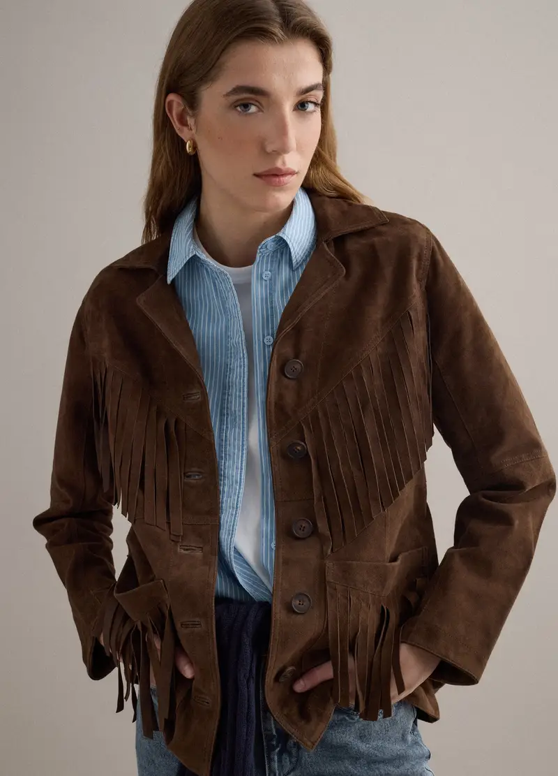 Giacca Marrone In Vera Pelle Con Frange, Donna, Marrone miniatura 2