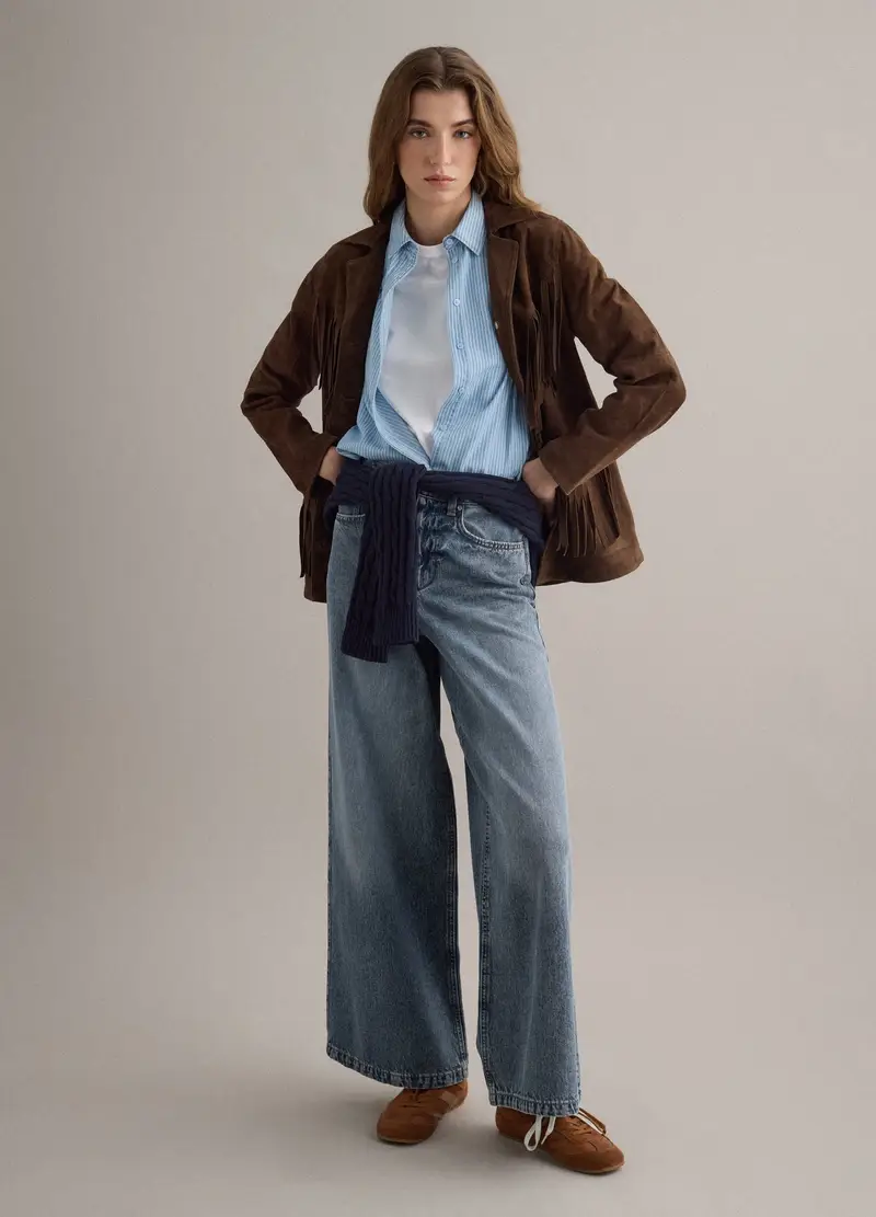 Giacca Marrone In Vera Pelle Con Frange, Donna, Marrone miniatura 3