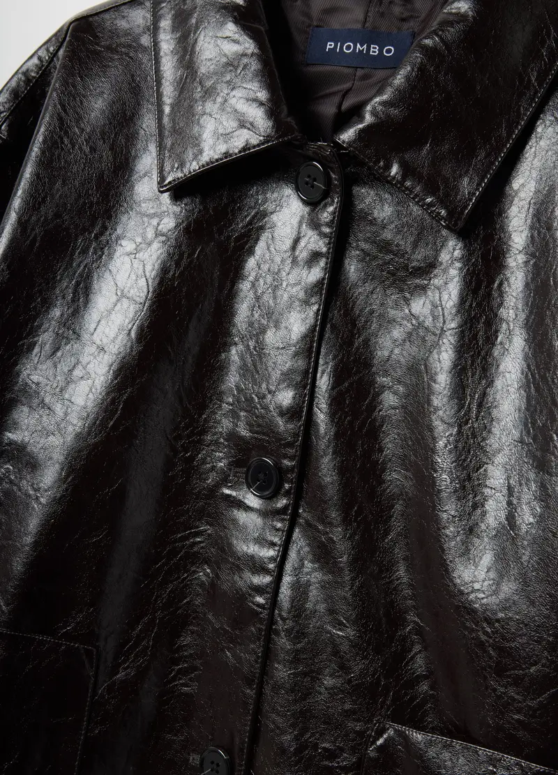 Giacca Nera Lucida Regular Fit Con Colletto E Bottoni, Donna, Nero miniatura 2