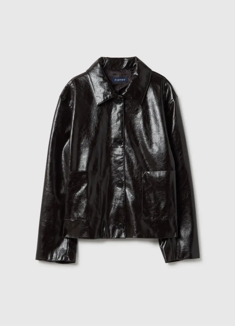 Giacca Nera Lucida Regular Fit Con Colletto E Bottoni, Donna, Nero
