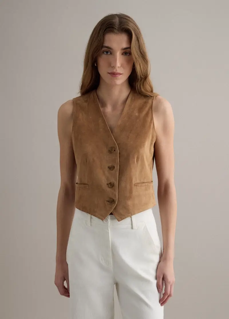 Gilet In Vera Pelle Marrone Regular Fit Con Bottoni, Donna, Marrone miniatura 3