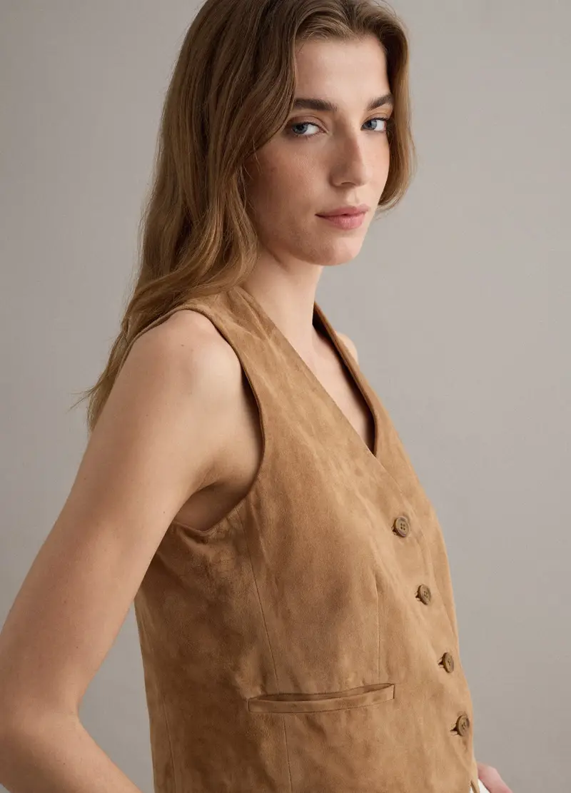 Gilet In Vera Pelle Marrone Regular Fit Con Bottoni, Donna, Marrone