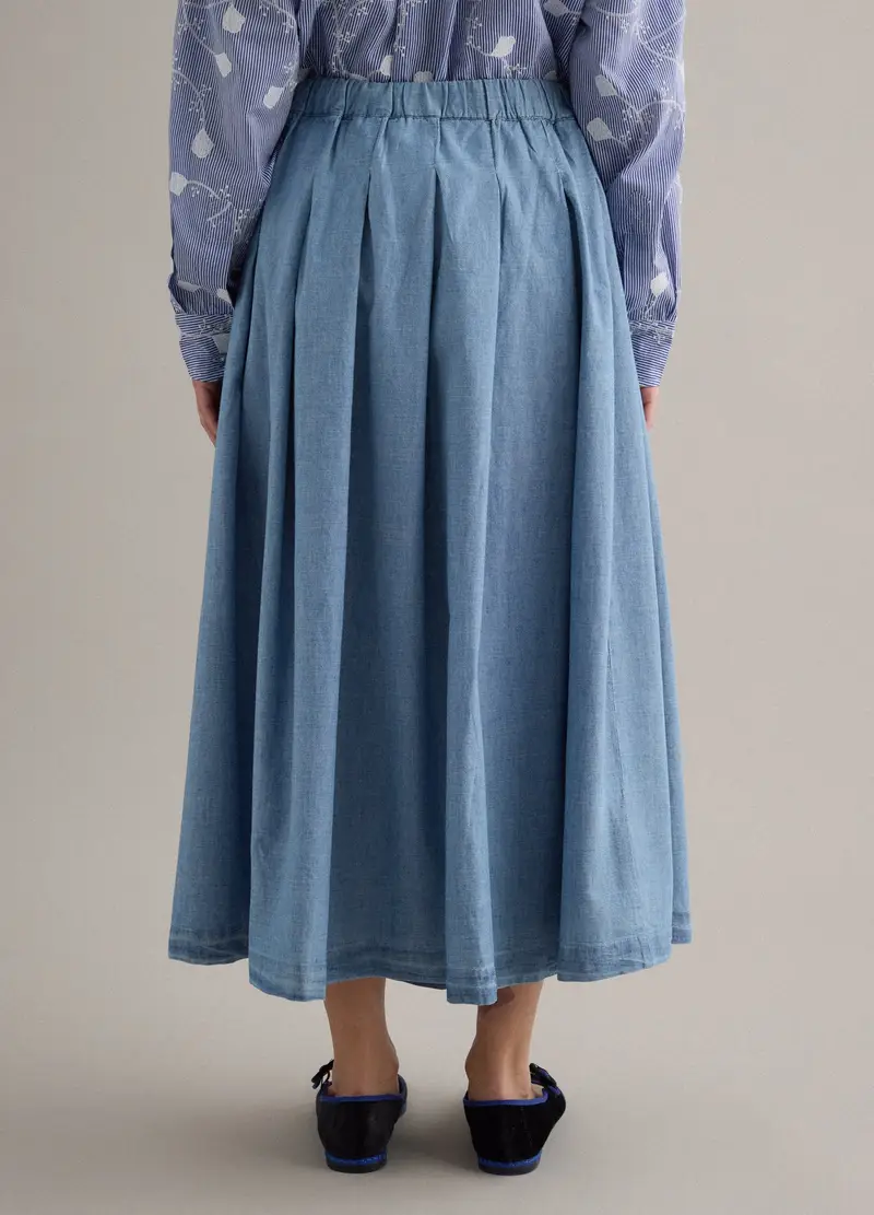 Gonna Lunga In Puro Cotone Azzurra Con Pieghe, Donna, Azzurro miniatura 3