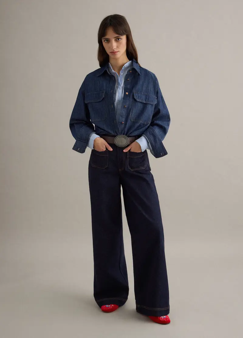 Jeans In Cotone Denim Blu A Gamba Larga, Donna, Denim