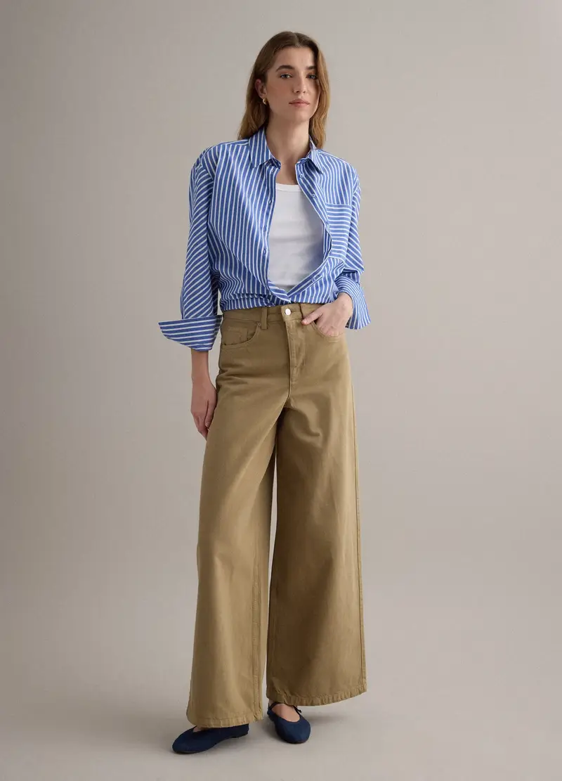 Jeans In Puro Cotone Denim Beige Wide Leg, Donna, Beige