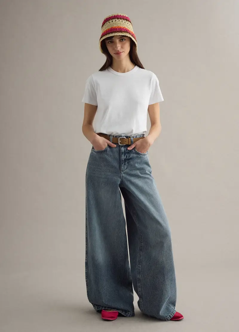 Jeans In Puro Cotone Denim Blu Wide Leg, Donna, Denim miniatura 2