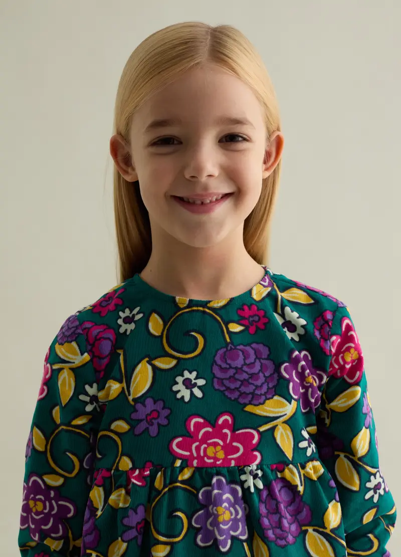 Abito In Velluto Con Fantasia Floreale, Bambina, Verde miniatura 3
