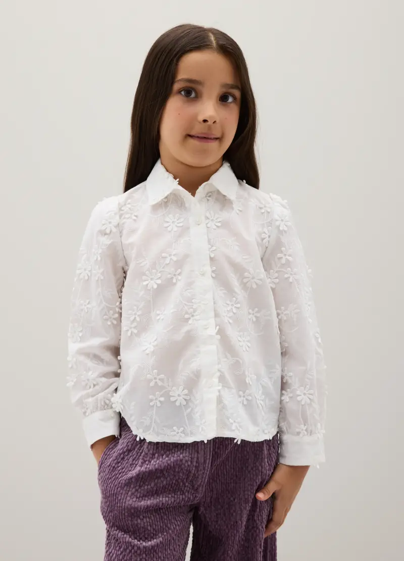 Camicia Da Bambina In Puro Cotone Bianca Regular Fit, Bianco