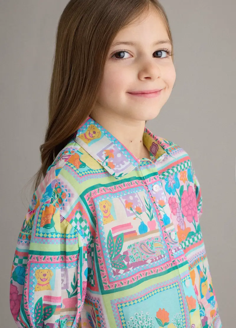 Camicia In Puro Cotone Multicolor Da Bambina Con Motivo Floreale, Multicolor miniatura 3
