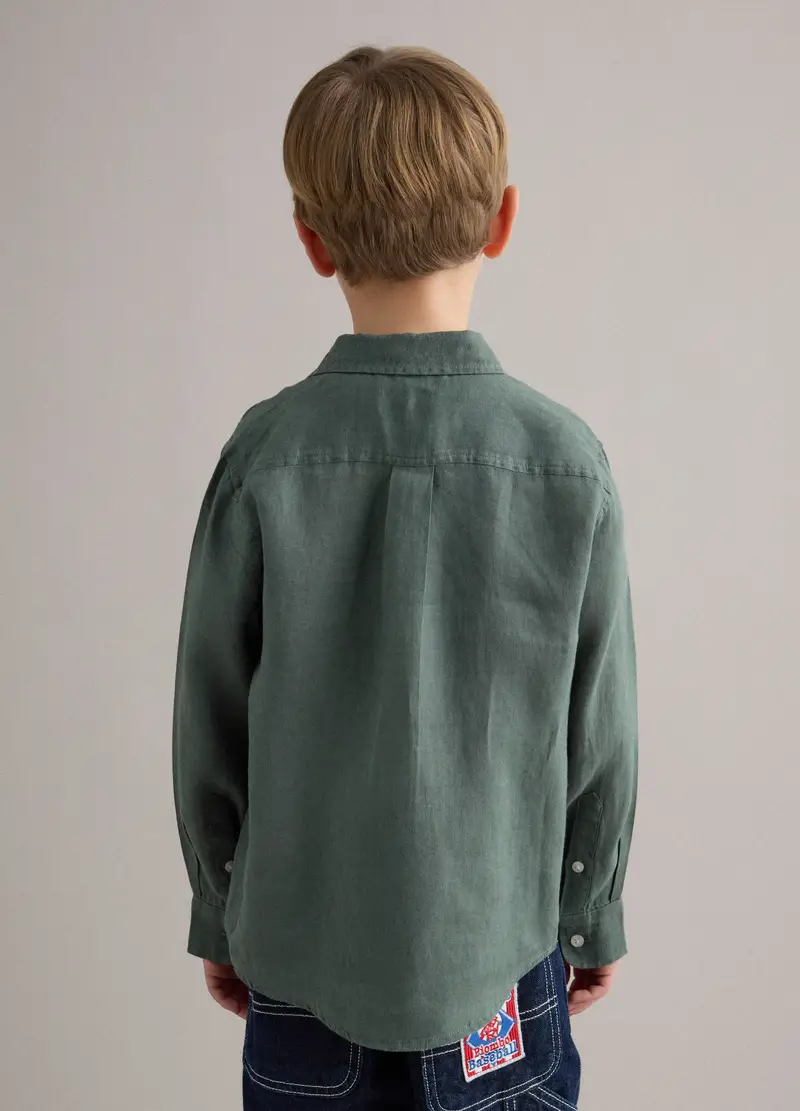 Camicia In Puro Lino Verde Oversize Fit Da Bambino, Verde miniatura 3