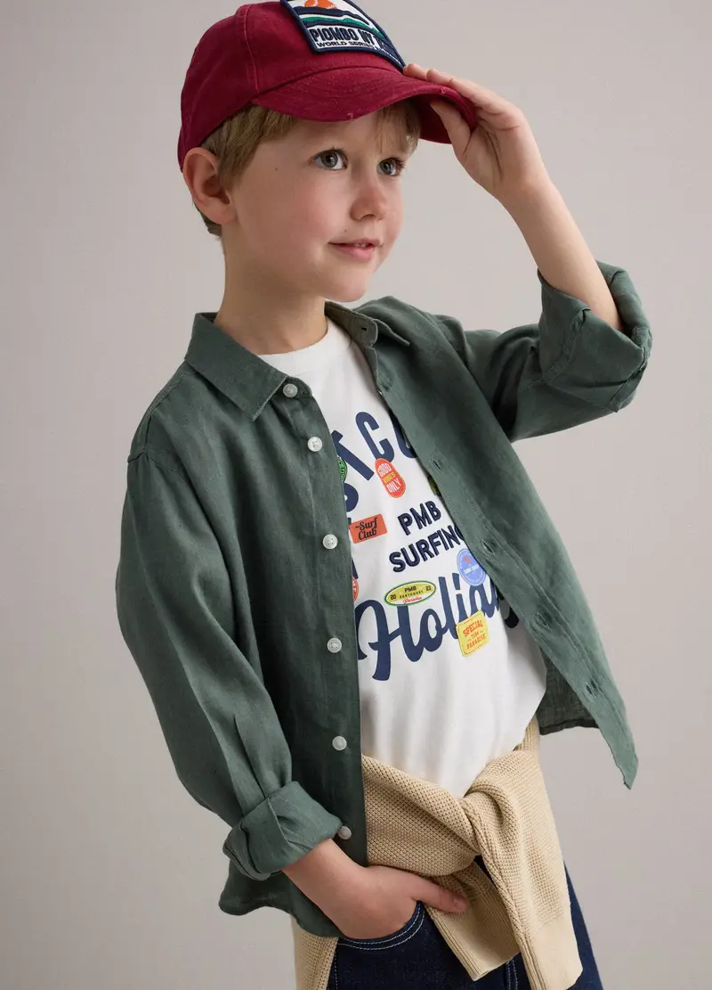 Camicia In Puro Lino Verde Oversize Fit Da Bambino, Verde