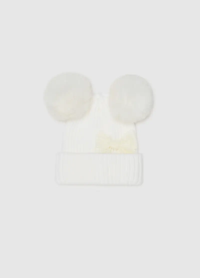 Cappello Bianco Da Bambina Con Pompon E Fiocco, Bianco miniatura 2