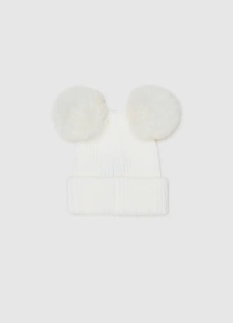 Cappello Bianco Da Bambina Con Pompon E Fiocco, Bianco miniatura 3