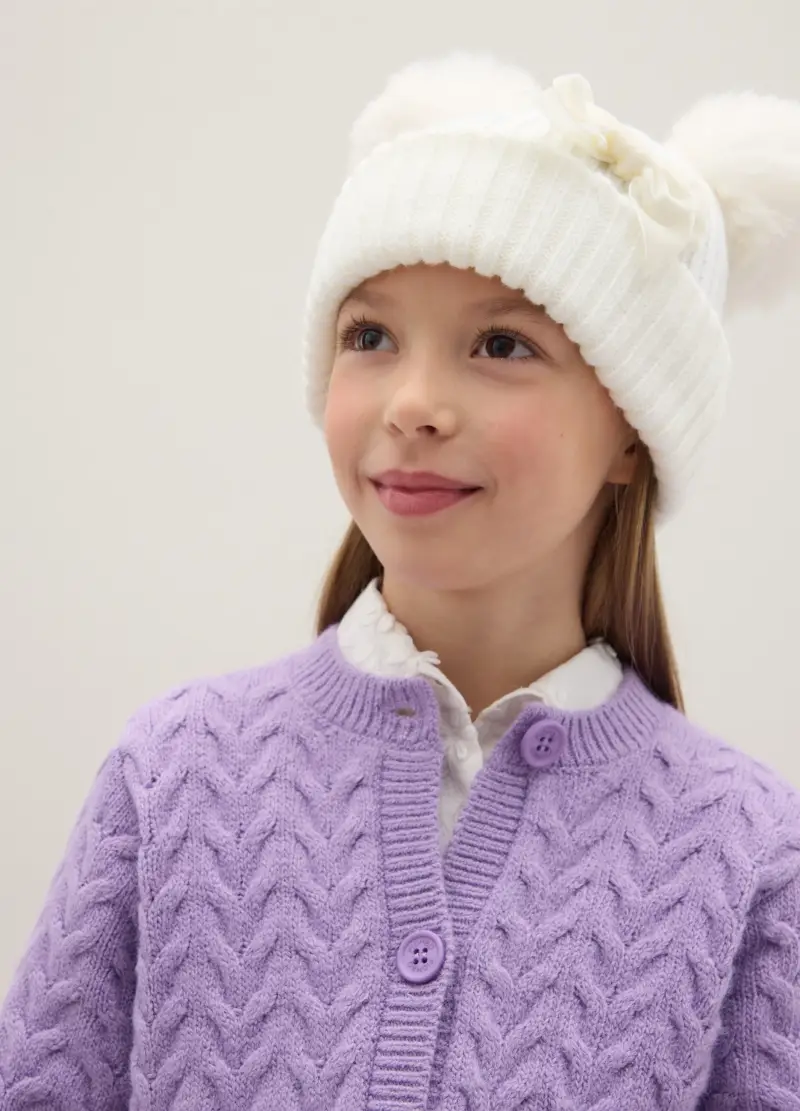 Cappello Bianco Da Bambina Con Pompon E Fiocco, Bianco