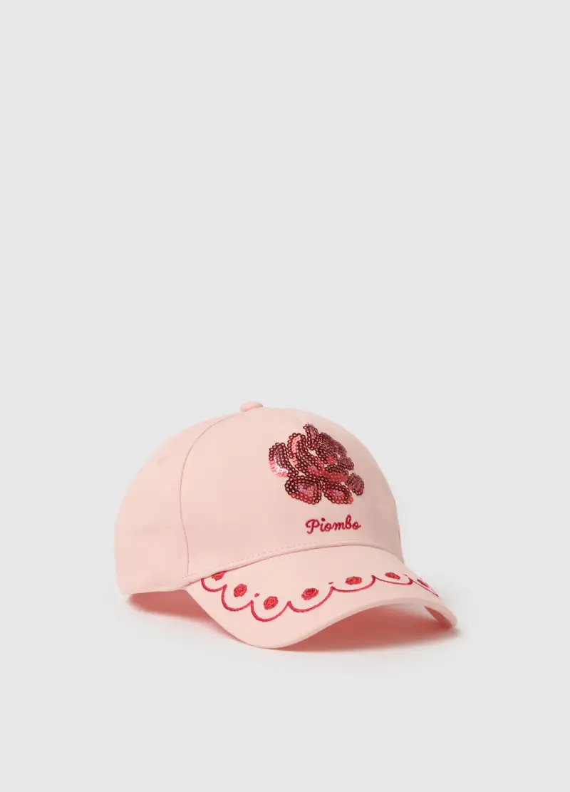 Cappello In Puro Cotone Rosa Da Bambina Con Visiera E Paillettes, Rosa