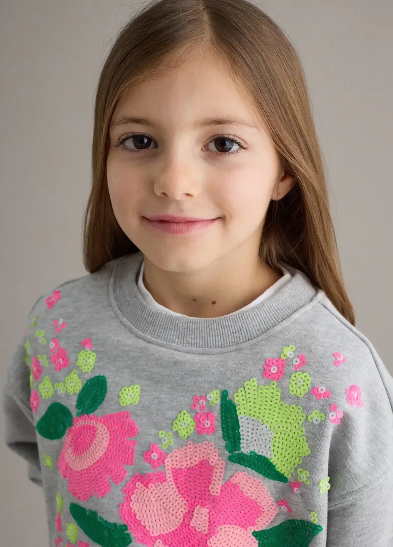 Felpa In Misto Cotone Grigia Da Bambina Regular Fit Con Fiori, Grigio miniatura 3