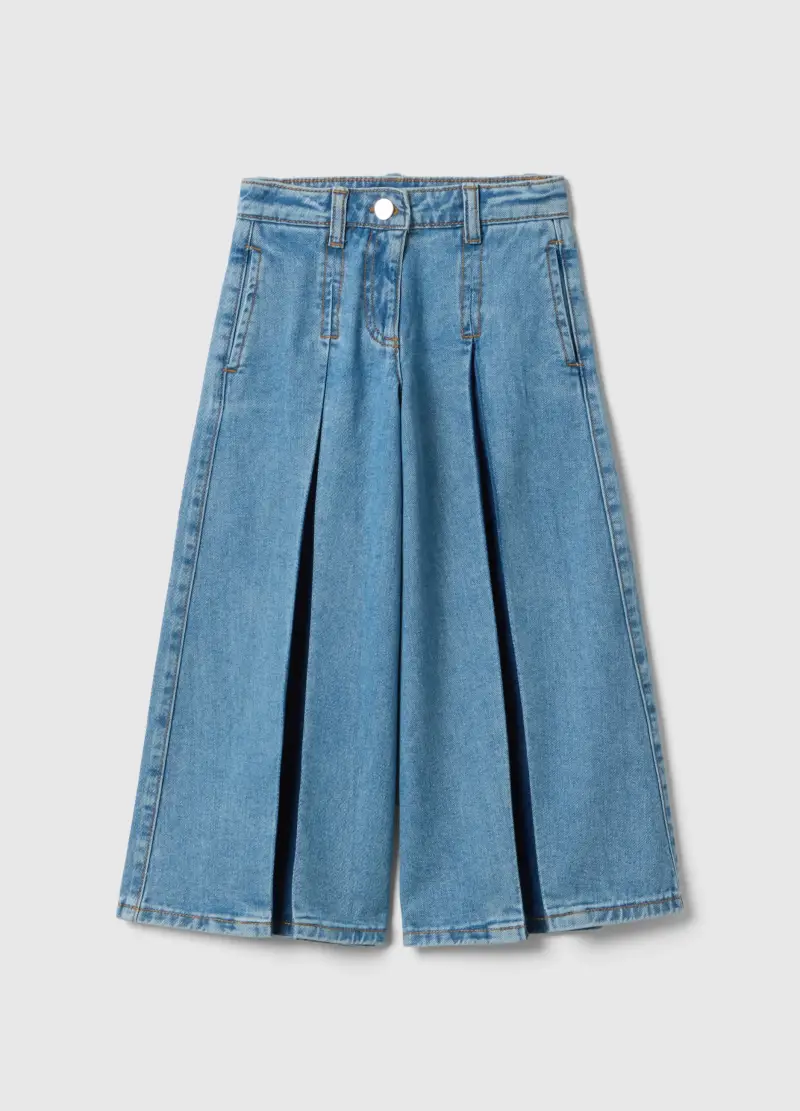 Jeans In Puro Cotone Denim Super Wide Leg Per Bambina, Denim