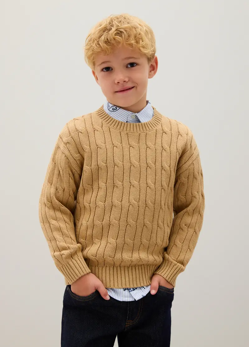 Maglione Da Bambino In Puro Cotone Beige Regular Fit, Beige miniatura 3