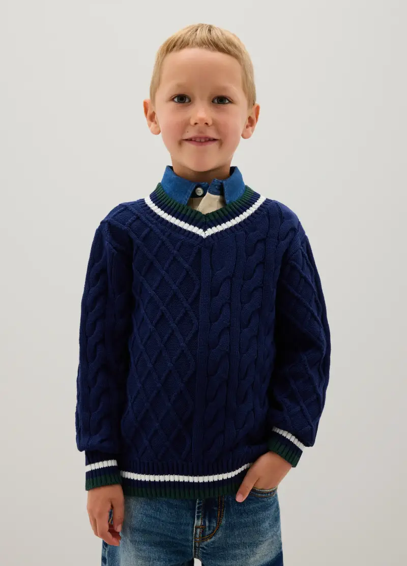 Maglione Da Bambino In Puro Cotone Blu Regular Fit, Blu