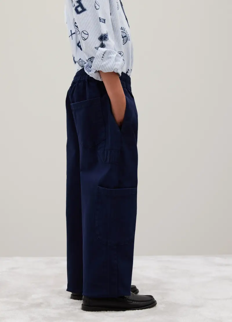 Pantaloni Baggy Da Bambino In Cotone Elasticizzato Blu, Blu miniatura 3