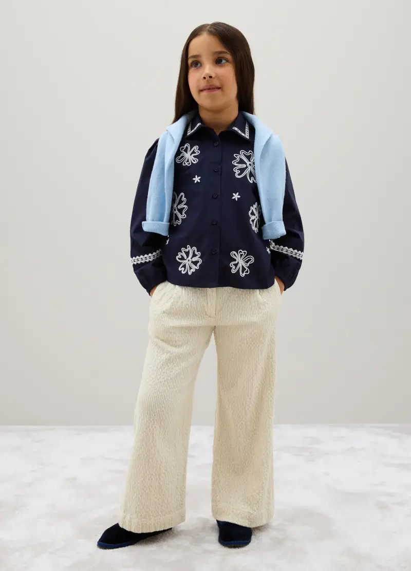 Pantaloni Da Bambina In Velluto Beige A Gamba Larga, Beige miniatura 2