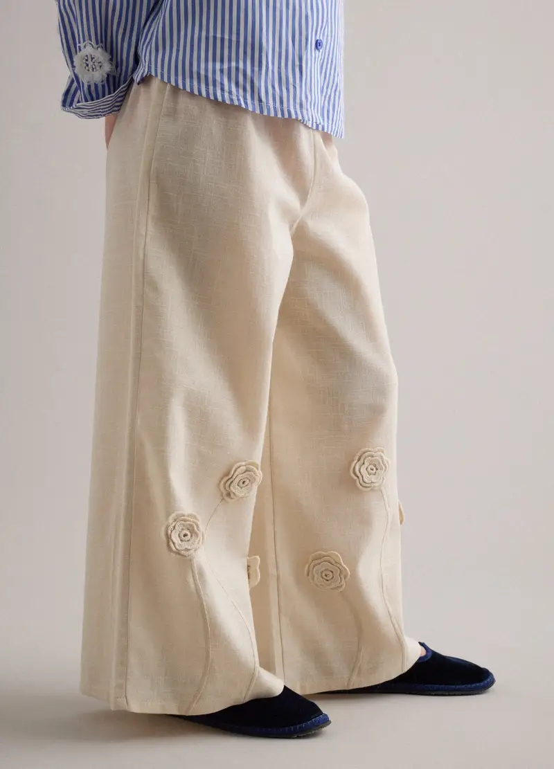Pantaloni In Puro Cotone Beige Da Bambina Wide Leg Con Ricami Floreali, Beige miniatura 2