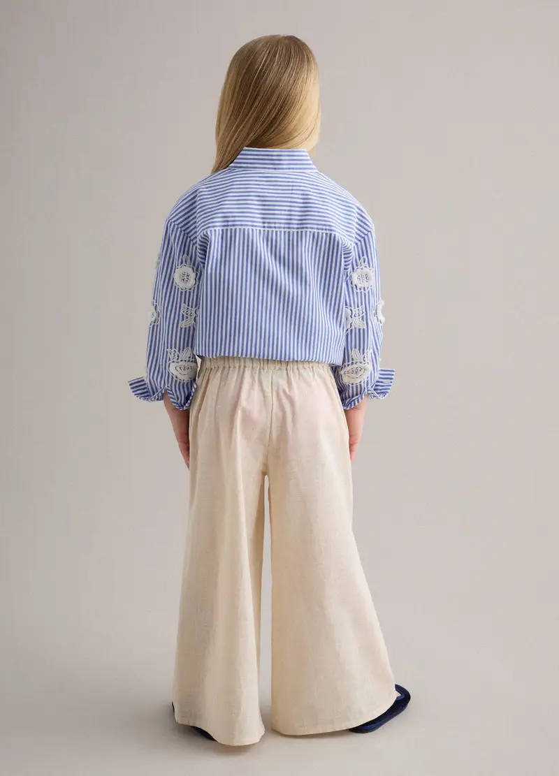 Pantaloni In Puro Cotone Beige Da Bambina Wide Leg Con Ricami Floreali, Beige miniatura 3