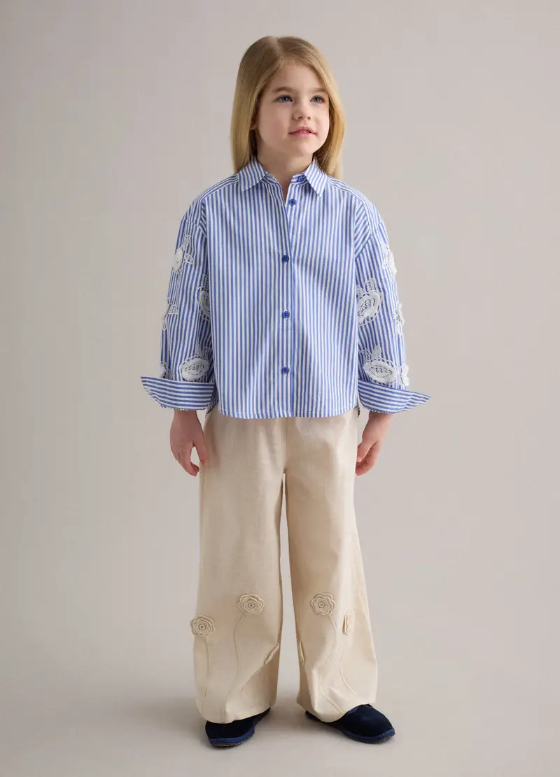 Pantaloni In Puro Cotone Beige Da Bambina Wide Leg Con Ricami Floreali, Beige