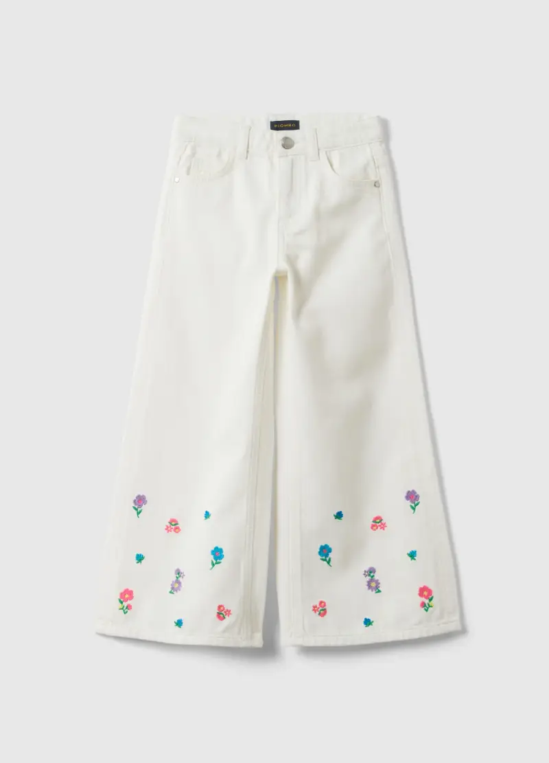 Pantaloni In Puro Cotone Bianchi Da Bambina Wide Leg Con Fiori, Bianco