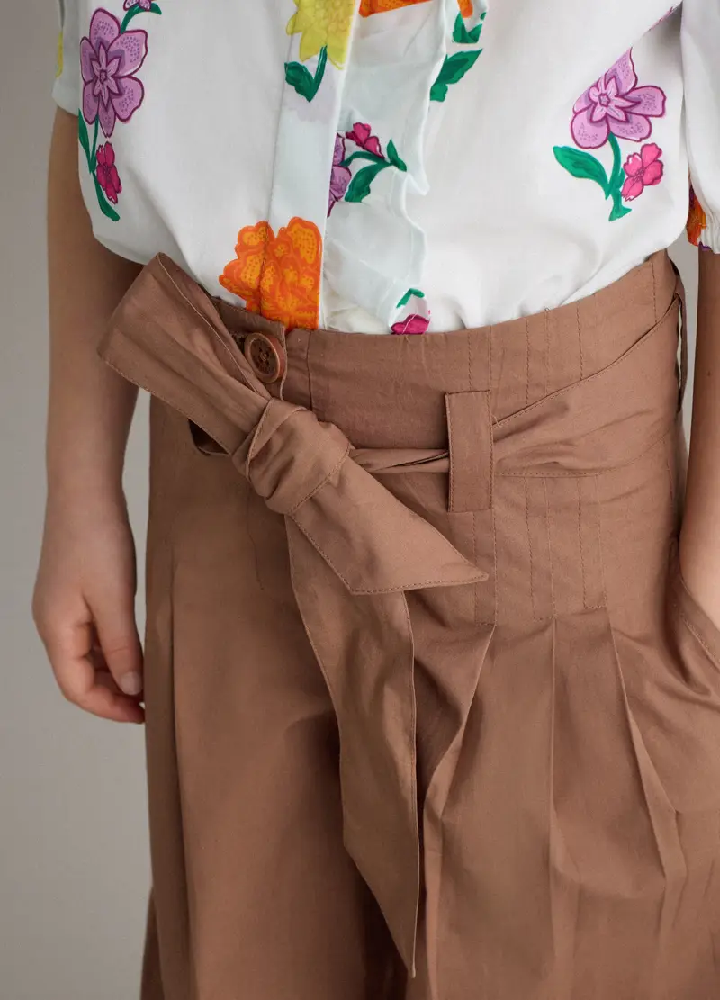Pantaloni In Puro Cotone Marroni Da Bambina Wide Leg Con Fiocco, Marrone miniatura 3