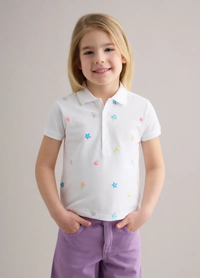 Polo In Puro Cotone Bianca Da Bambina Regular Fit Con Fiori Ricamati, Bianco miniatura 2