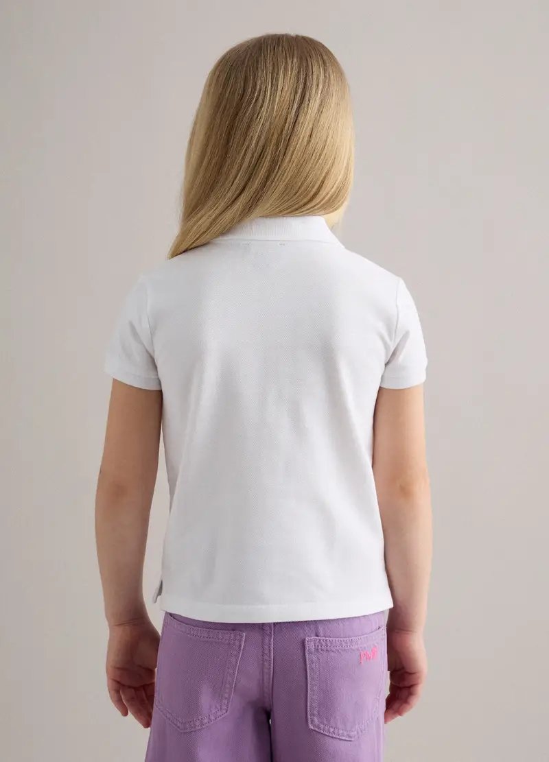 Polo In Puro Cotone Bianca Da Bambina Regular Fit Con Fiori Ricamati, Bianco miniatura 3