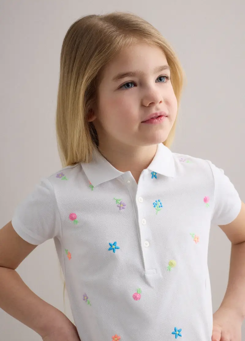 Polo In Puro Cotone Bianca Da Bambina Regular Fit Con Fiori Ricamati, Bianco