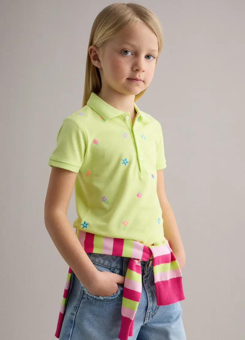 Polo In Puro Cotone Verde Da Bambina Regular Fit Con Fiori Ricamati, Verde miniatura 2