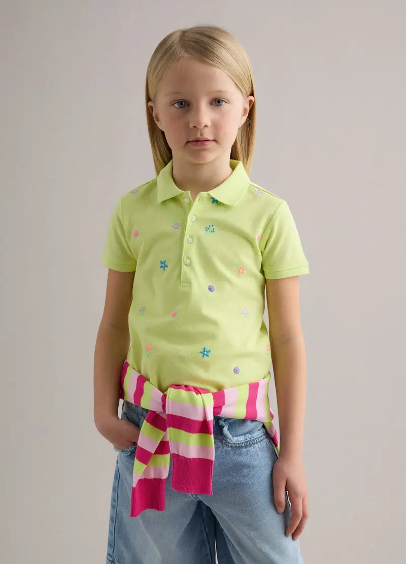 Polo In Puro Cotone Verde Da Bambina Regular Fit Con Fiori Ricamati, Verde