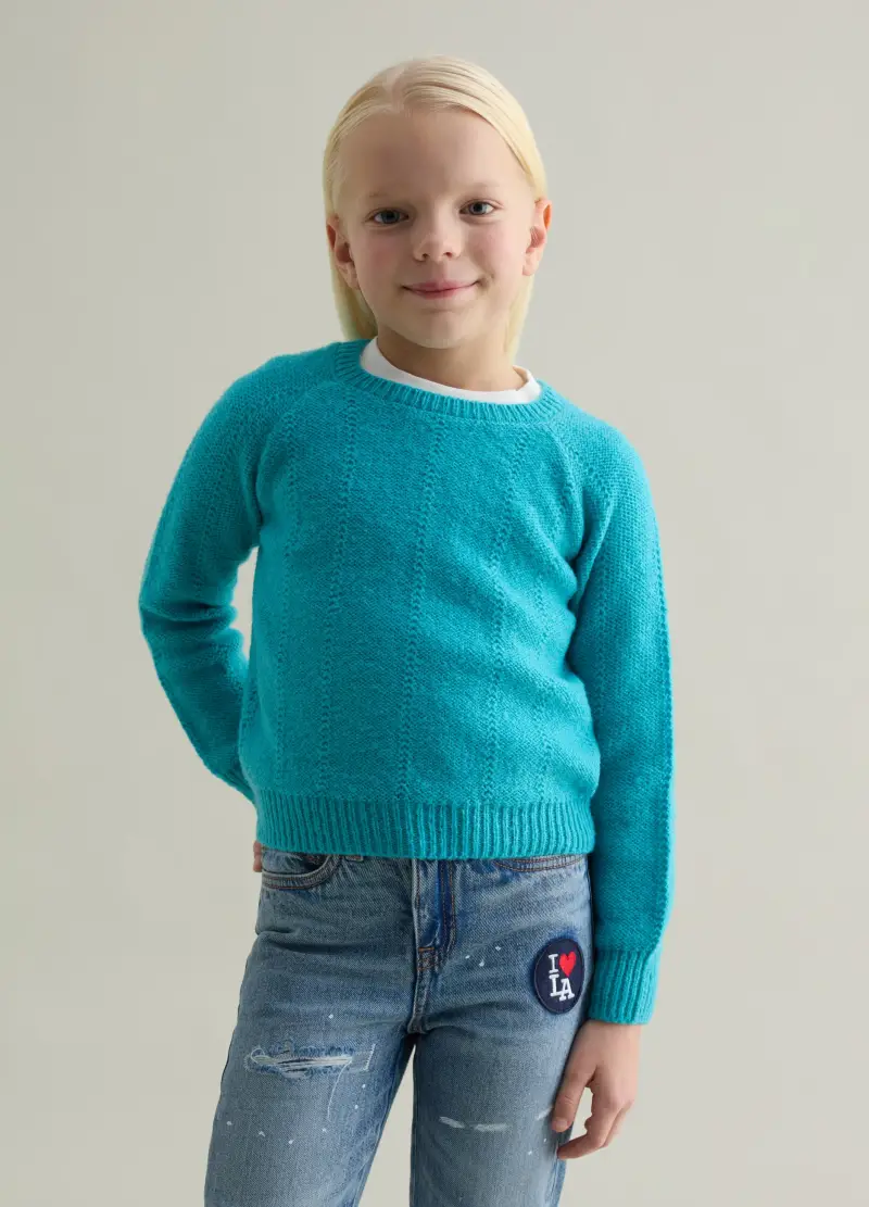 Pullover Con Trama Pointelle, Bambina, Azzurro