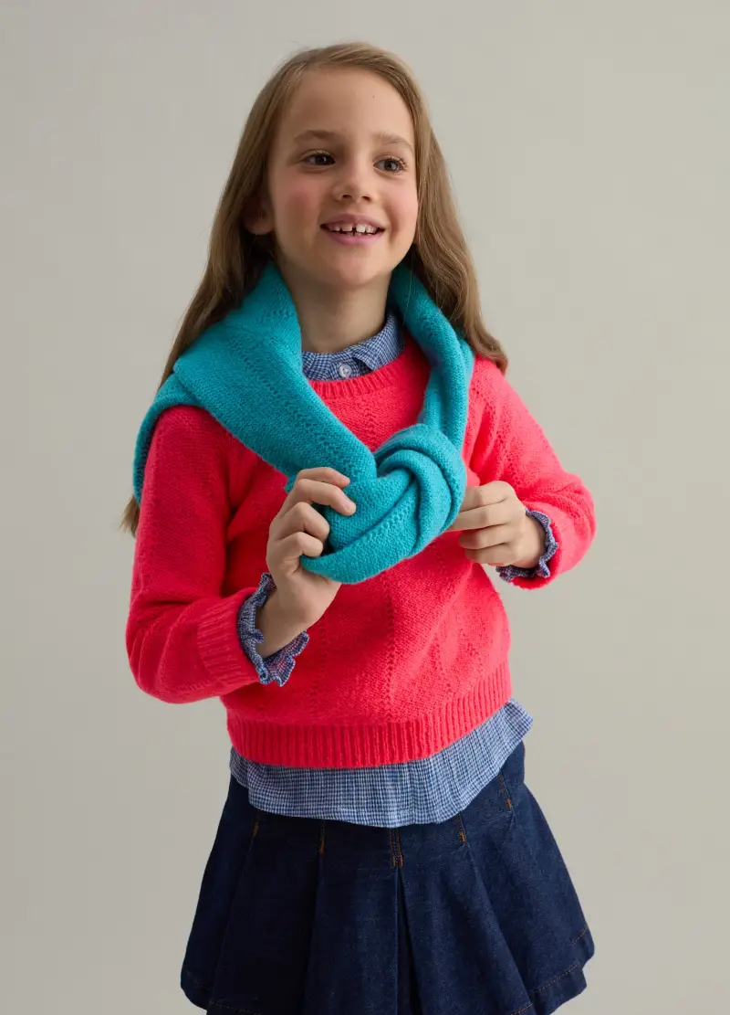 Pullover Con Trama Pointelle, Bambina, Rosa