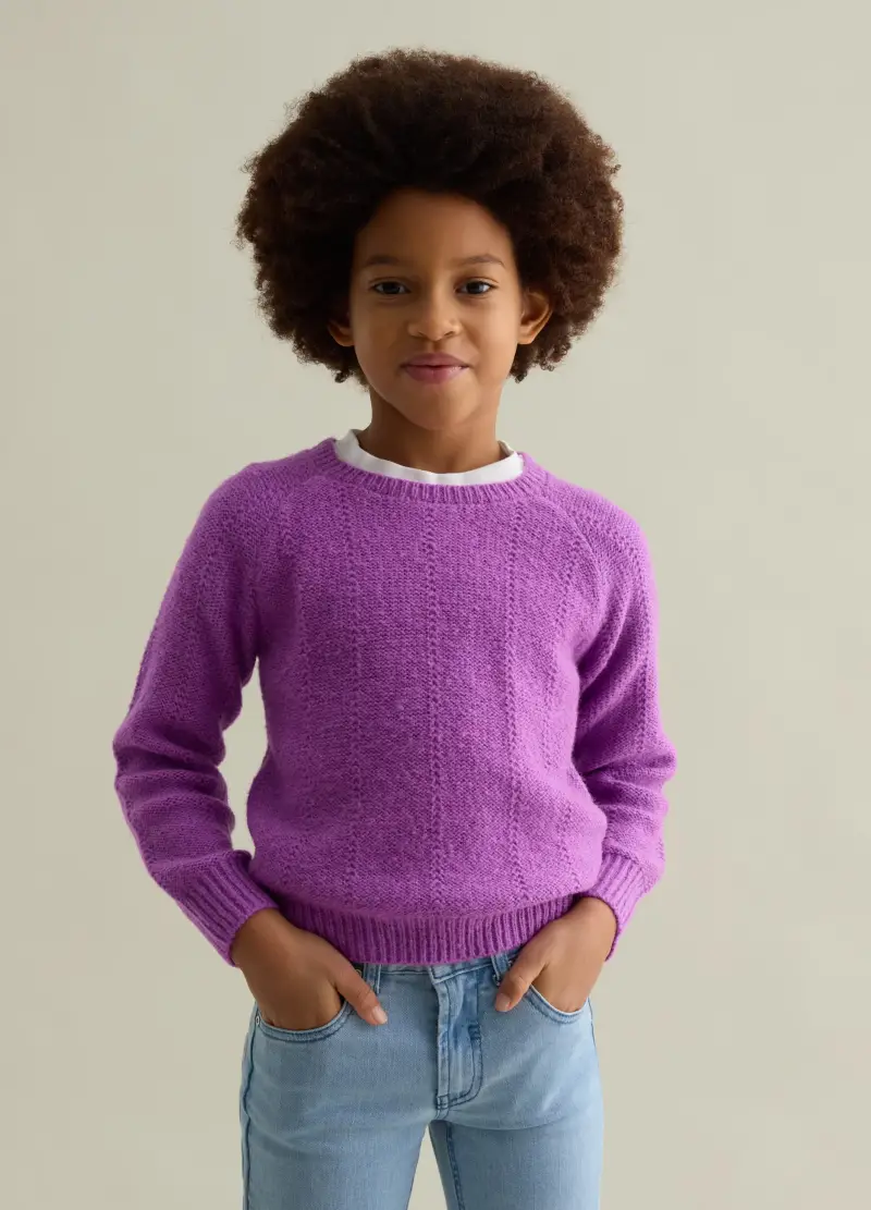 Pullover Con Trama Pointelle, Bambina, Viola